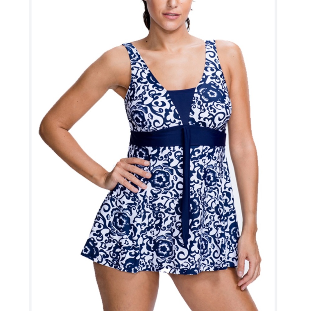 SURENOW Size 18 Navy & White Floral One Piece Swimdress – UK 5XL (US 18)